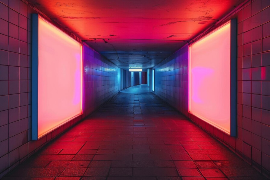 Download Dark Hallway with Brightly Lit Windows Mockups Online