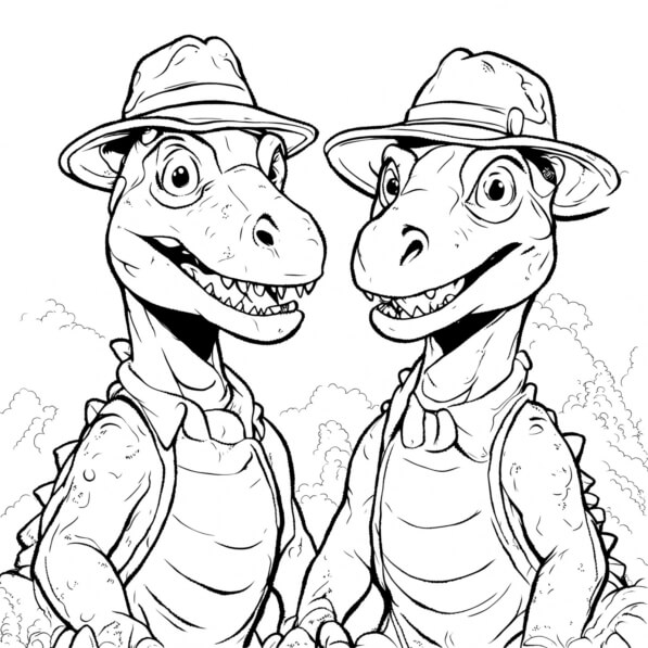 Download Dinosaur Coloring Page Two Dinosaurs with Hats Coloring pages