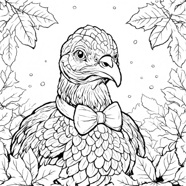 Download Thanksgiving Turkey Coloring Page with Bow Tie and Leaves ...