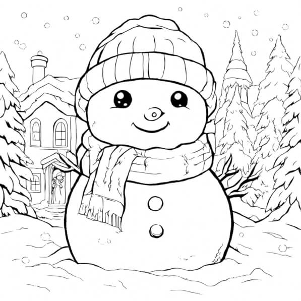Download Snowman in Snowy Landscape: Winter Coloring Page Coloring