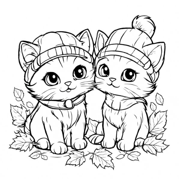 Download Two Cute Kittens in Hats on Autumn Leaves Coloring pages ...