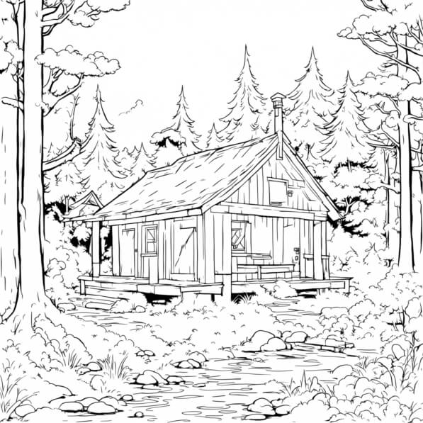 Download Small Cabin in the Woods Coloring pages Online - Creative Fabrica