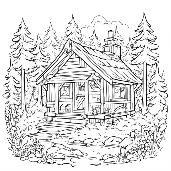 Download Black and White Old Cabin in the Woods Coloring pages Online ...