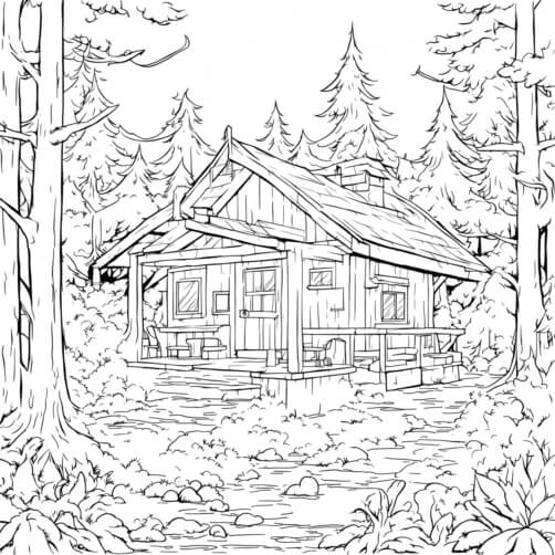 Download Black and White Small Cabin in the Woods Coloring pages Online ...