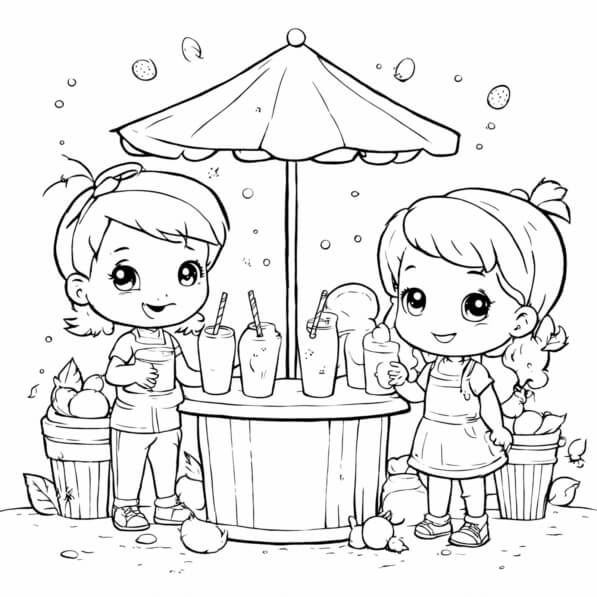 Download Kids Coloring Page Two Kids at Ice Cream Stand with Fruits