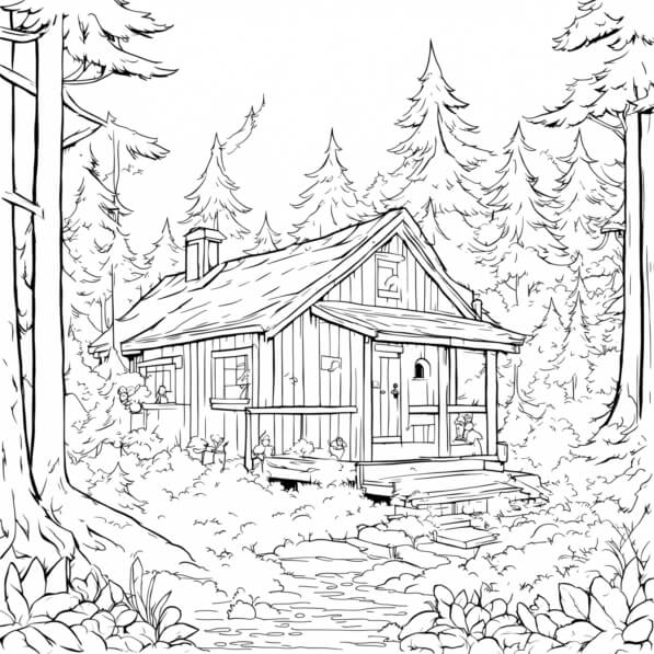 Download Small Cabin in Forest Coloring pages Online - Creative Fabrica