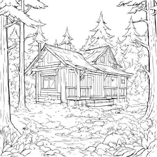 Download Small Cabin in the Forest Coloring pages Online - Creative Fabrica