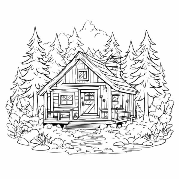 Download Forest Cabin in the Woods Coloring pages Online - Creative Fabrica