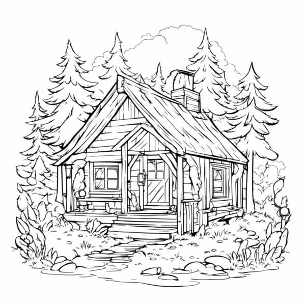 Download Serene Cabin in the Woods Coloring pages Online - Creative Fabrica