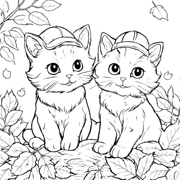 Download Autumn Coloring Page with Two Kittens Coloring pages Online
