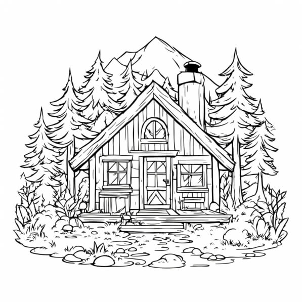 Download Black and White Cabin Drawing in the Woods Coloring pages ...