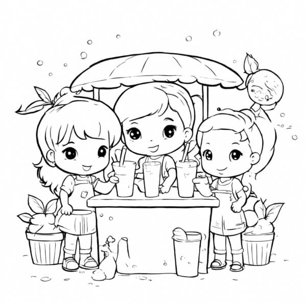 Download Coloring Page Girls Enjoying Frozen Treats at Ice Cream Stand