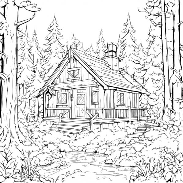 Download Black and White Cabin in the Forest Coloring pages Online ...