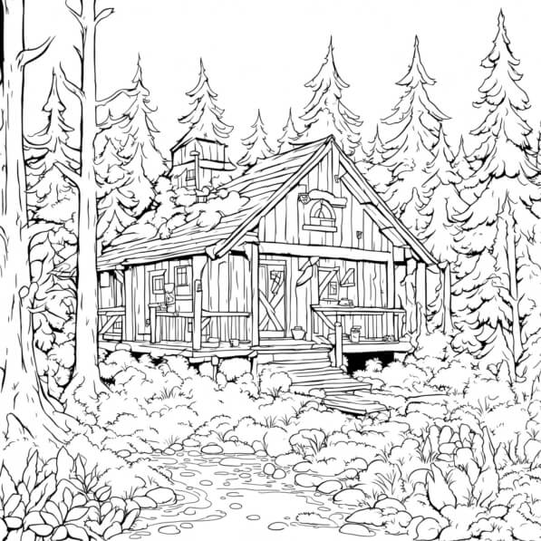 Download Cabin in the Woods with Trees Coloring pages Online - Creative ...