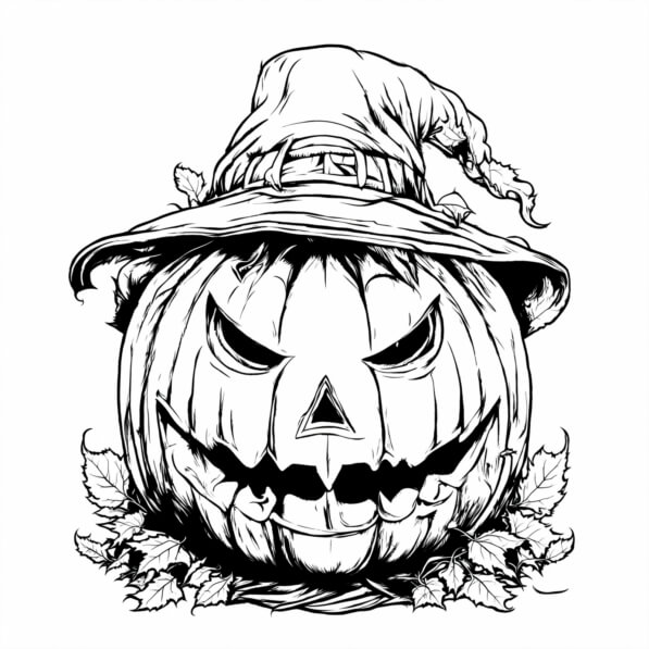 Download Adult Coloring Page of Pumpkin with Hat and Leaves for ...