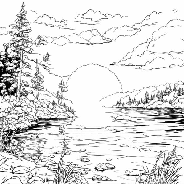 Download Black and White Lake Landscape Coloring pages Online ...