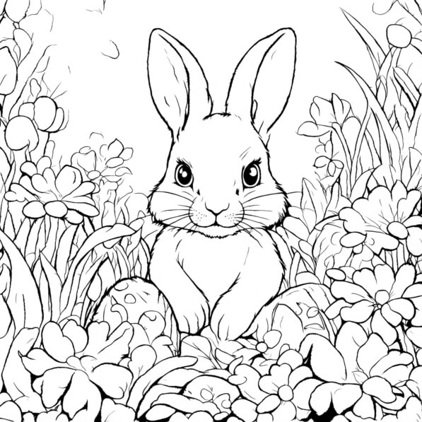 Download Bunny Sitting in Grass with Flowers Coloring pages Online ...