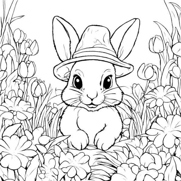 Download Adorable Bunny Rabbit in Grass with Flowers Coloring pages ...