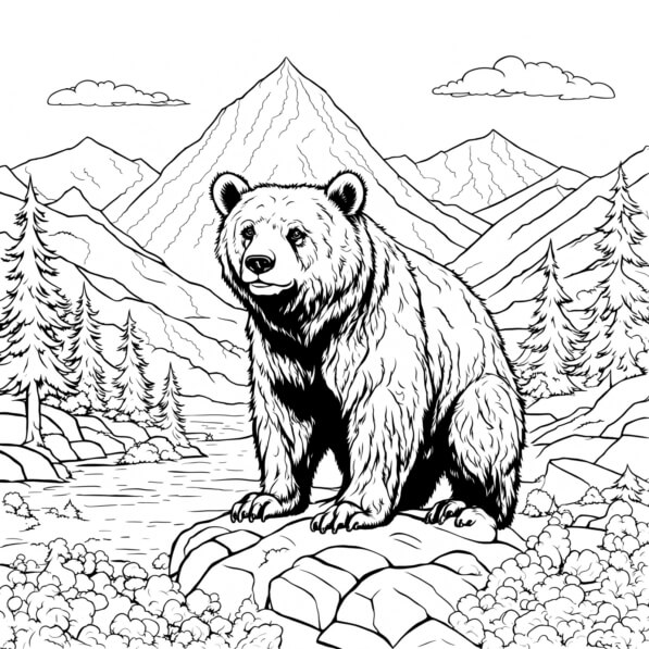 Download Bear Sitting on Rocks in the Mountains Coloring pages Online