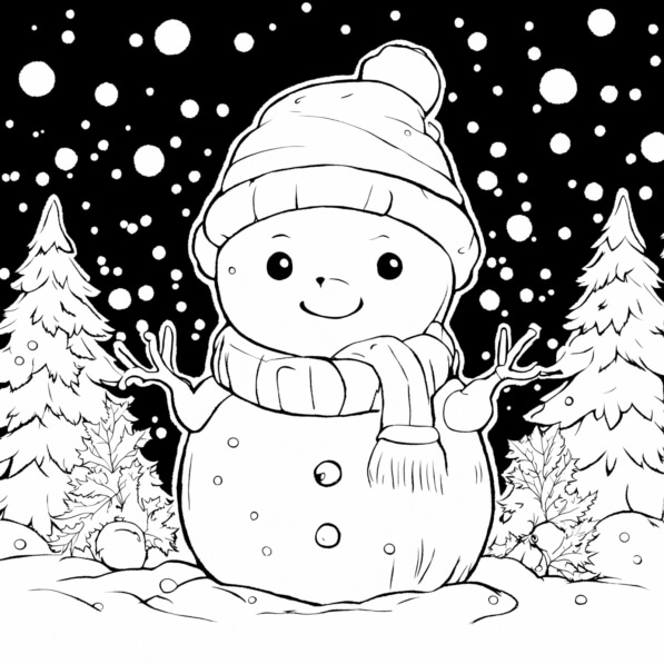Download Snowman in Snowy Forest Coloring pages Online - Creative Fabrica