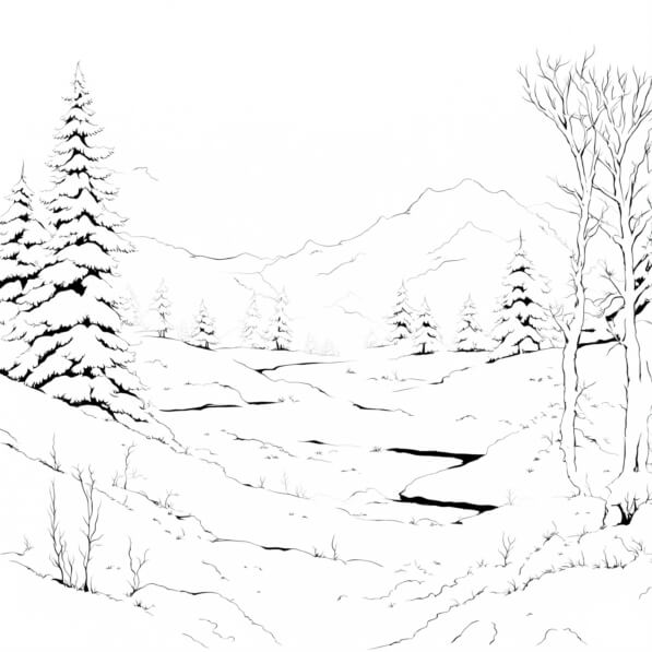 Download Snowy Landscape with Trees and Mountains Coloring pages Online ...
