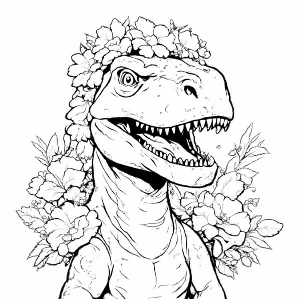Baixe P??gina para Colorir Dinossauro TRex com Flores Colorir p??ginas