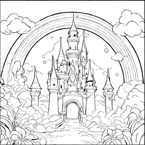 Download Castle Coloring Page with Rainbows and Clouds Coloring pages