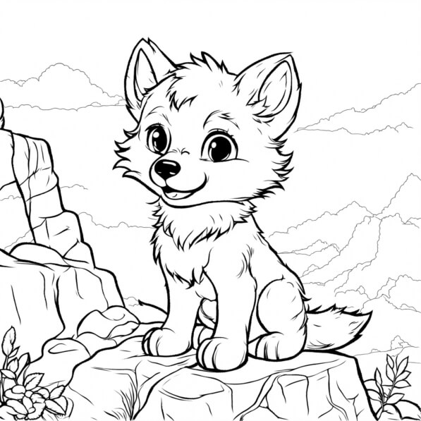 Download Cute Wolf Puppy Coloring Page with Mountains Coloring pages