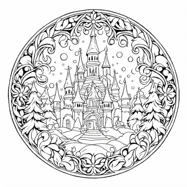 Download Christmas Castle Coloring Page with Snowy Trees Coloring pages ...