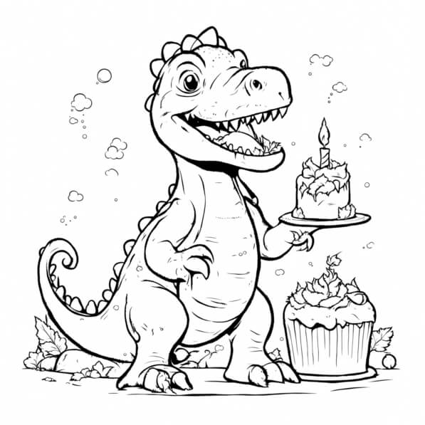 Download Dinosaur Coloring Page with Birthday Cake and Cupcakes ...