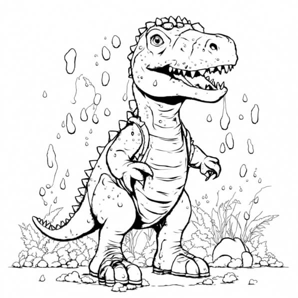 Download TRex Coloring Page with Dinosaur in Grass Under Rain Coloring