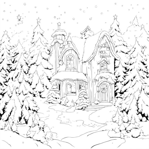 Download Winter Coloring Page: Old House in Snowy Forest Coloring pages ...