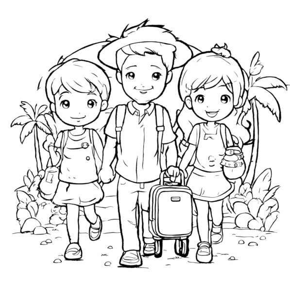 Download Coloring Page: Kids Learning Responsibility with Suitcases