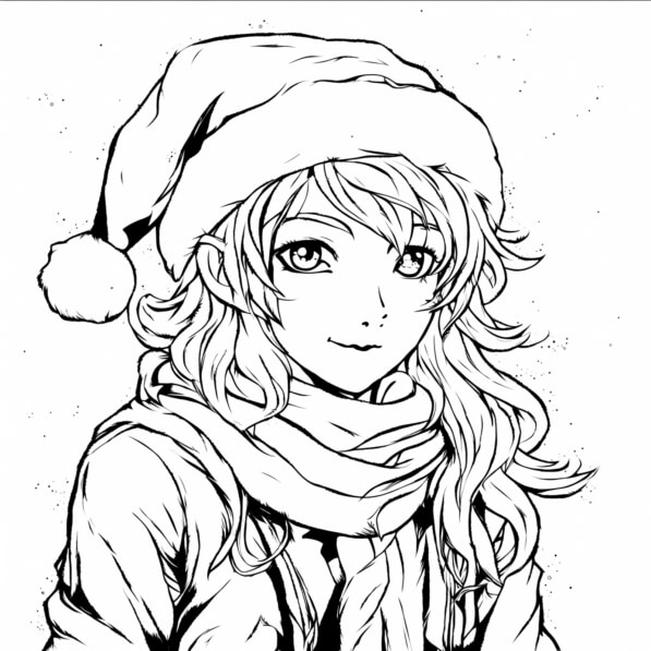 Download Free Printable Christmas Coloring Page: Anime Girl with Santa
