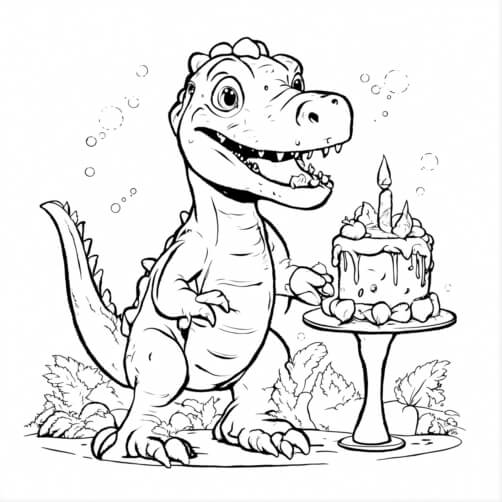 Download Dinosaur Coloring Page with Birthday Cake and T-Rex Coloring ...