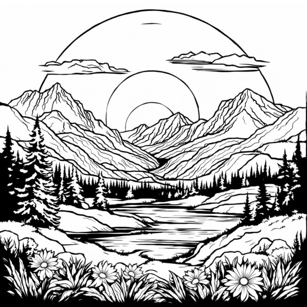 Download Black and White Mountain Landscape Coloring Page Coloring ...