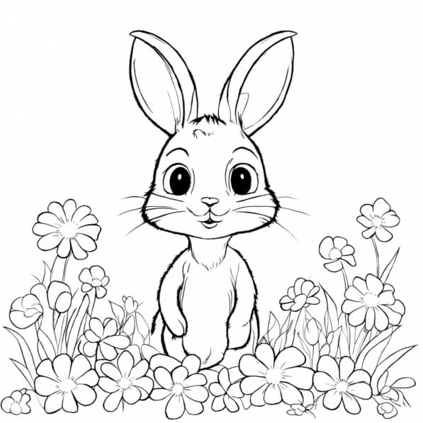 Download Bunny in Grass with Flowers Coloring pages Online - Creative ...