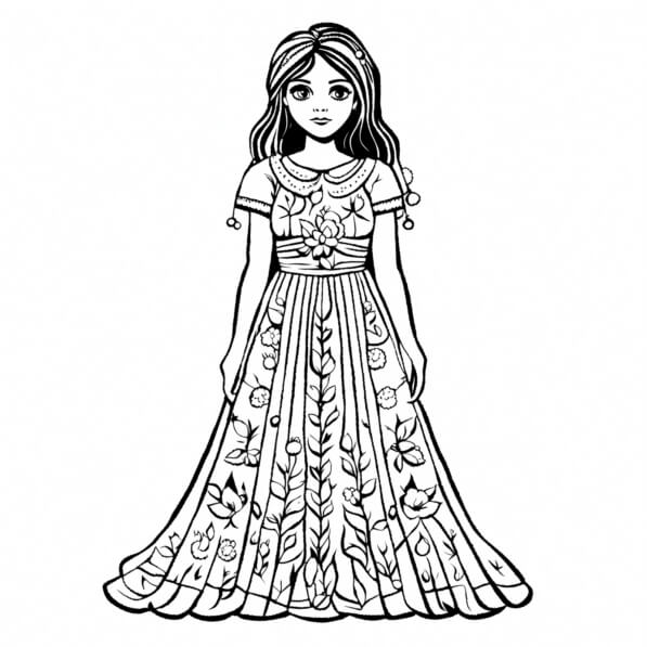 Download Girl in Elegant Dress Coloring Page Coloring pages Online - Creative Fabrica