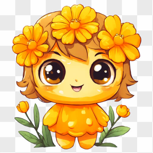 Kawaii: Bezauberndes kleines Mädchen mit gelben Blumen Hintergründe thumbnail
