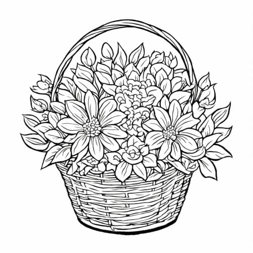 Download Basket of Flowers in Black and White Coloring pages Online ...
