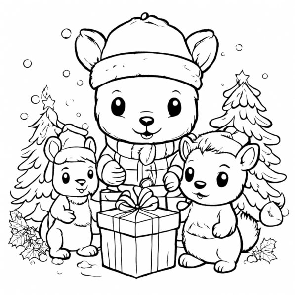 Download Christmas Coloring Page with Squirrels and Presents Coloring ...