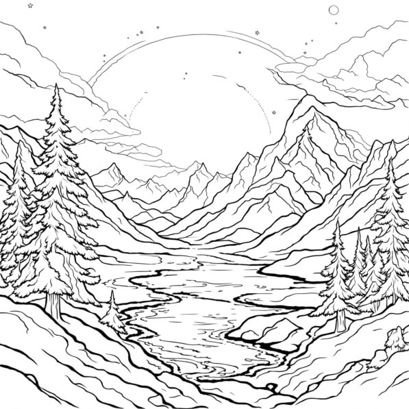 Download Black and White Mountain Landscape Coloring pages Online ...