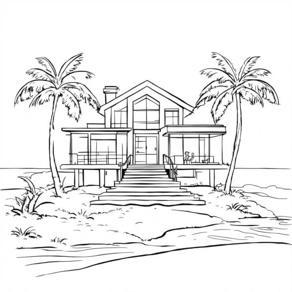 Download House on Beach Drawing with Palm Trees Coloring pages Online ...