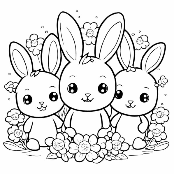 Download Three Cute Bunnies in a Grassy Field with Flowers Coloring ...