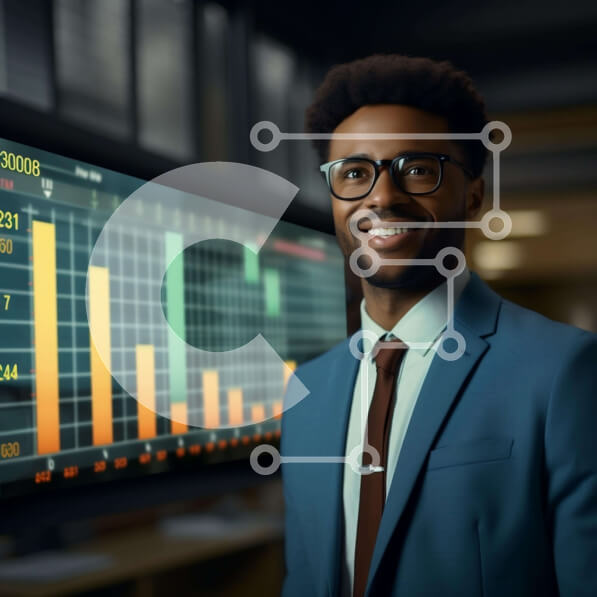 Businessman with Graphs and Charts on LCD Screen stock photo | Creative ...
