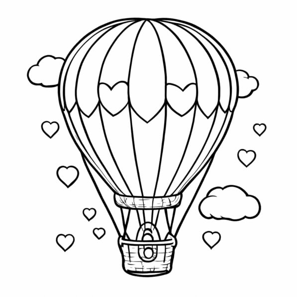 Download Hot Air Balloon with Hearts in the Sky Coloring pages Online ...