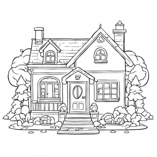 Download Educational Coloring Page: Two-Story House with Trees and ...