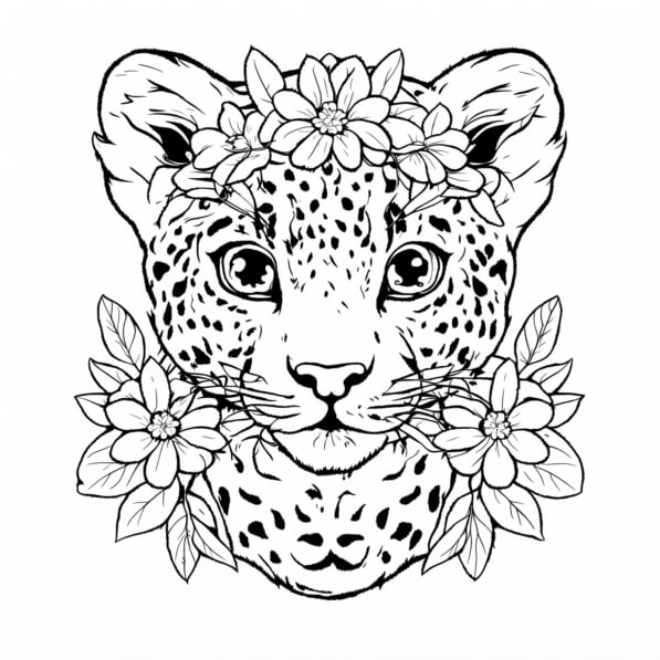 Download Black and White Leopard with Flowers Coloring Page Coloring ...