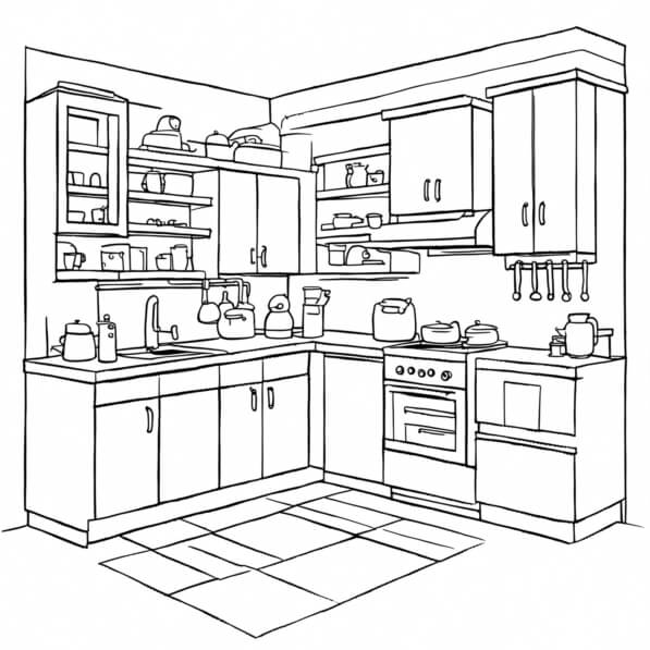 Download Empty Kitchen Drawing Coloring pages Online - Creative Fabrica