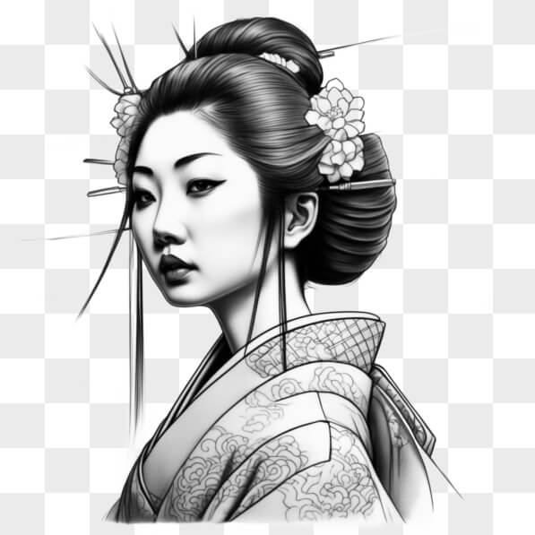 Download Black and White Drawing of Geisha Woman with Flowers Sketches ...